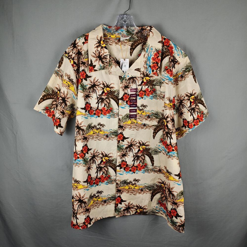 Barefoot In Paradise Shirt Mens XL Beige Hawaiian Aloha Tropical Toucan NWT